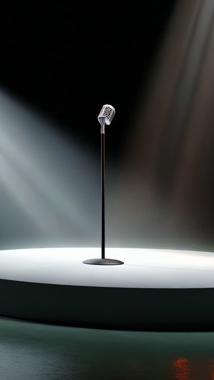 A solitary vintage microphone stands on a circular stage illuminated by dramatic lighting, set against a dark background, creating a captivating and artistic atmosphere for performance or presentation