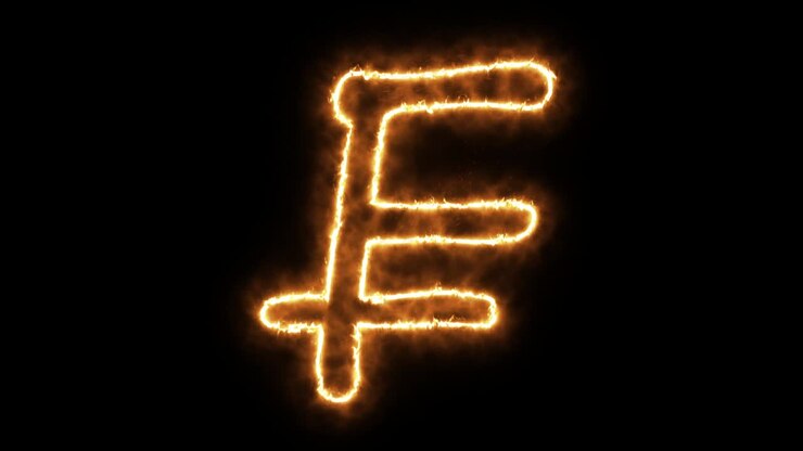 Franc symbol of burning flame. French franc symbol made from fire flame. Flaming burn font or bonfire alphabet text with sizzling fiery shining heat effect. 3D rendering.