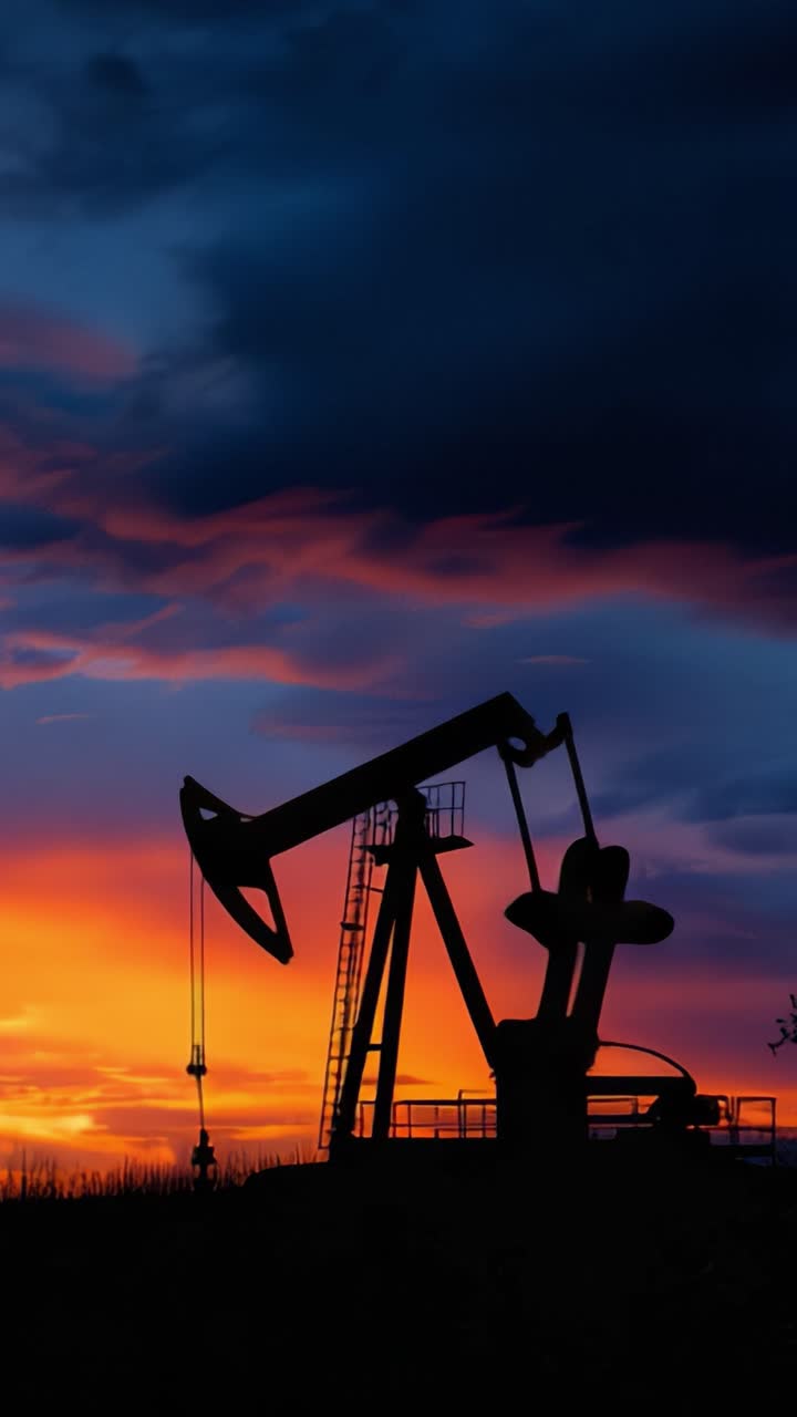 Silueta dramática al atardecer de un balancín de extracción de petróleo contra un cielo colorido, destacando la intersección entre la naturaleza y la industria en la extracción de petróleo.