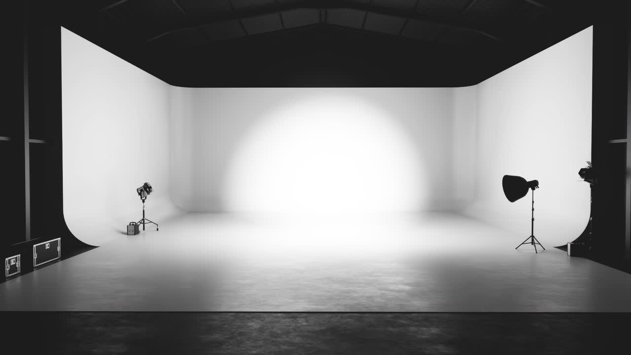 Empty White Cyclorama Studio with Professional Lighting Equipment