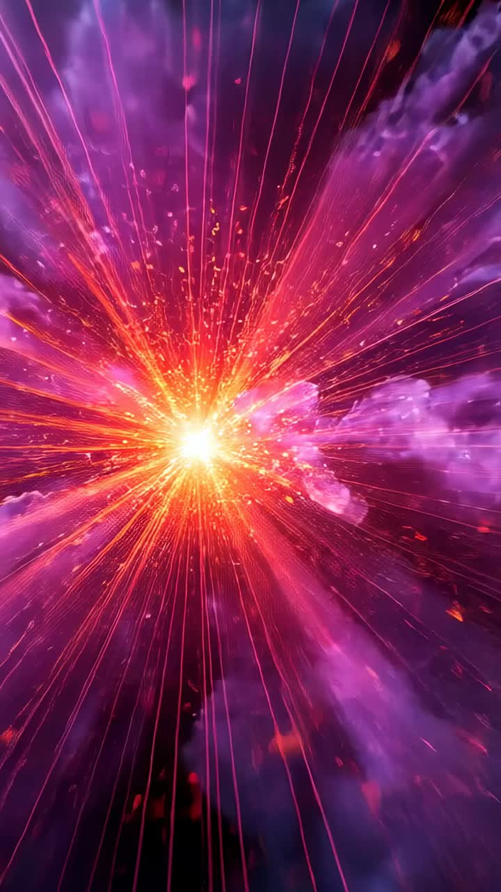 Vertical video: Erupting white core sending magenta beams and embers, lighting in purple nebula