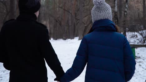 couple walking in snowy forest