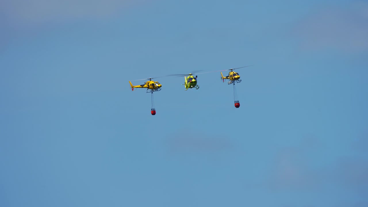Gul helikopter bärande hängande vattenhink över blå himmel