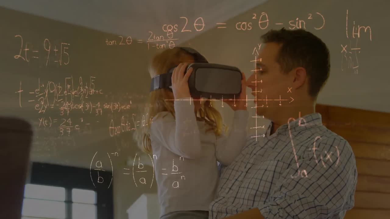 Animation of mathematical drawings and equations over father and daughter wearing vr headsets
