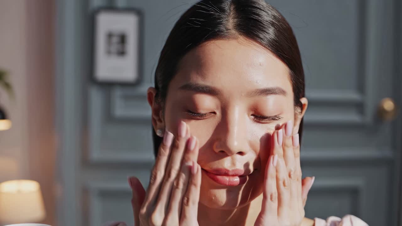 Close-up video of a woman gently massaging her face, captured from a front angle