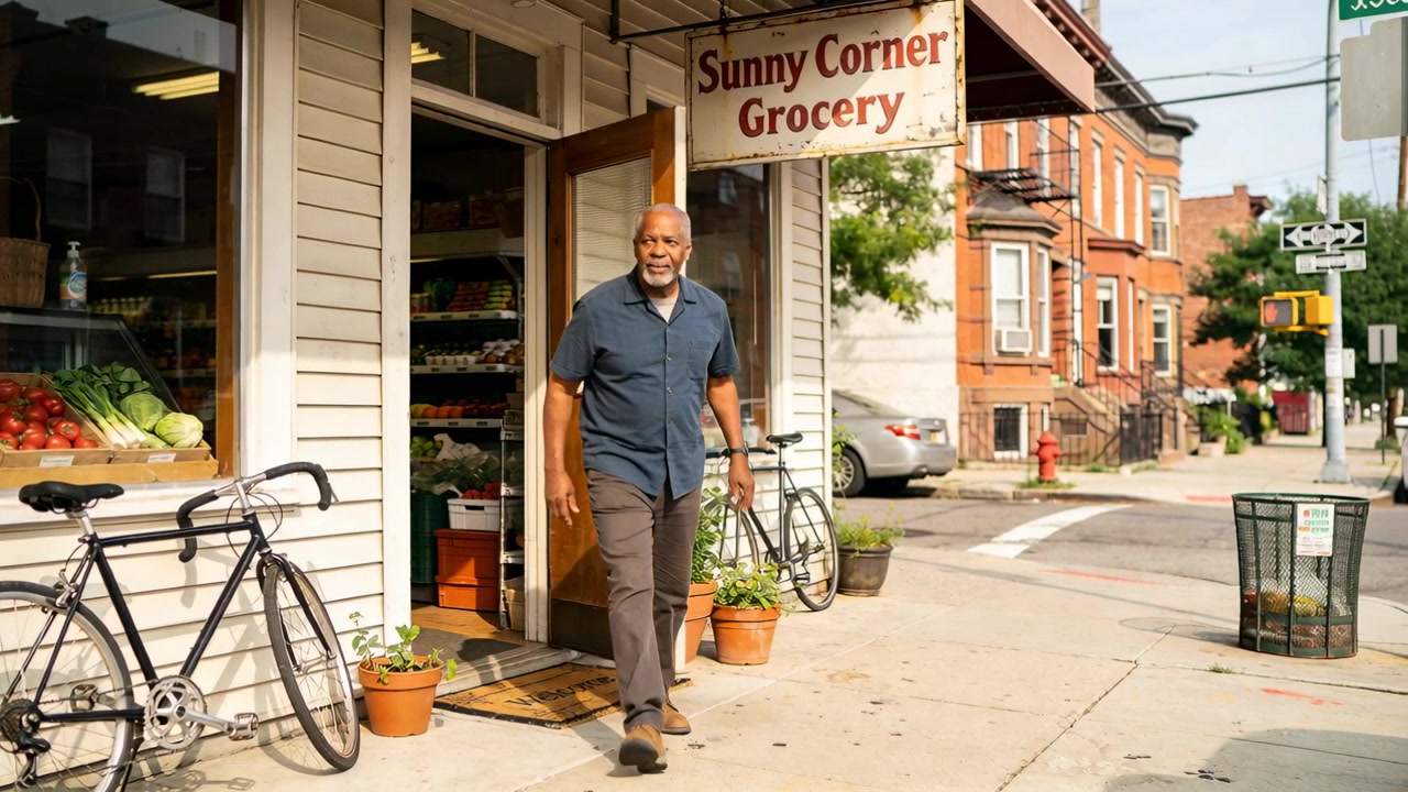 Butikkeier i blå skjorte holder tredør åpen, går ut på fortauet ved Sunny Corner Grocery, med ferske varer