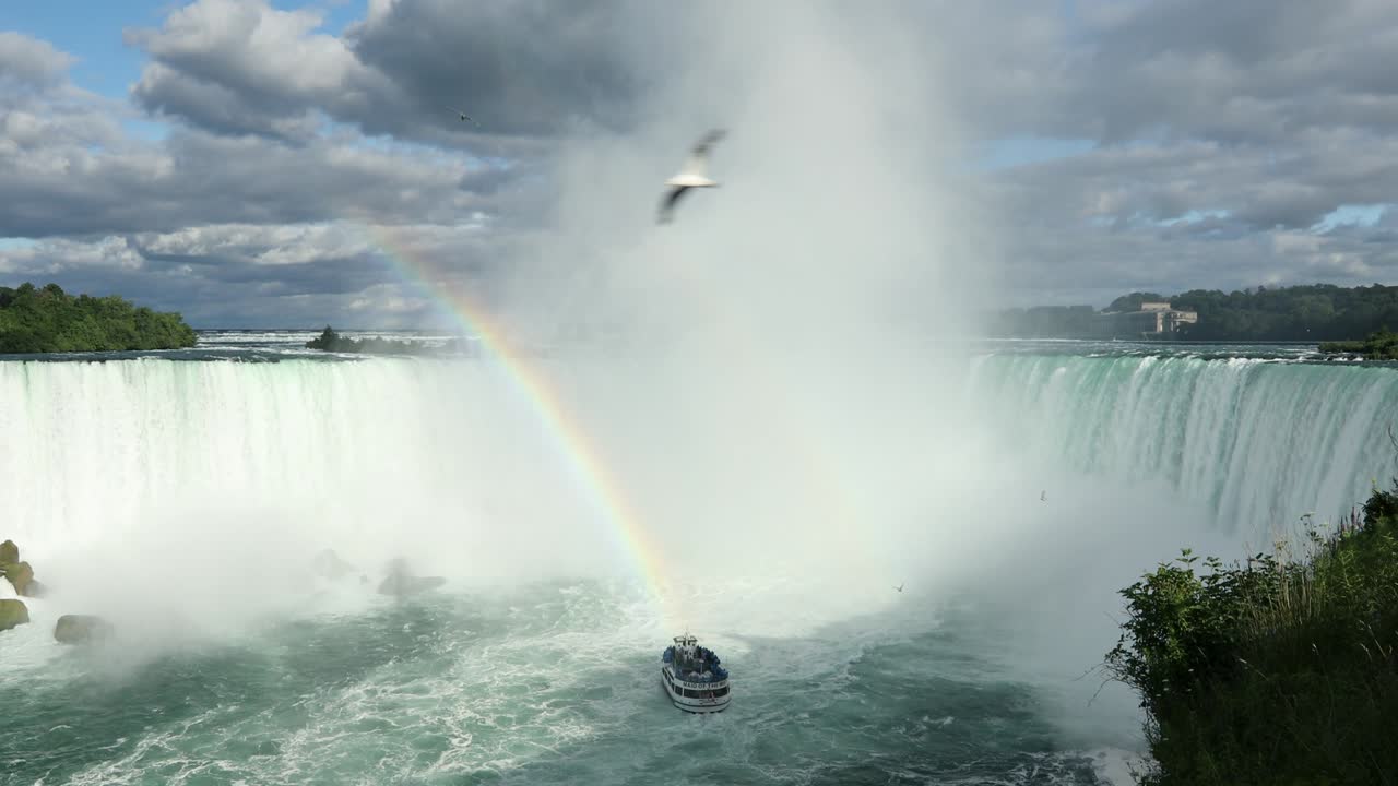 오타리오, 캐나다 의 니아가라 폭포 위 에 무지개 가 펼쳐져 있다