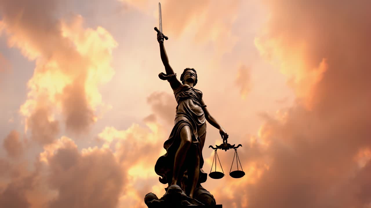 Dramático video en contrapicado de la estatua de la Dama de la Justicia contra un cielo sombrío y nublado.