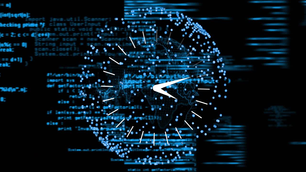 Clock appearing triggers globe pulsing rotating hand scrolling code panels showing code evolution