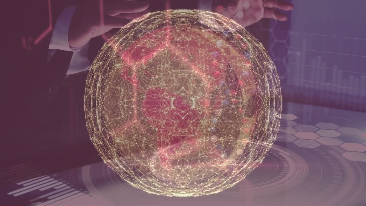Animazione di un globo e un uomo d'affari caucasico su elaborazione dati.