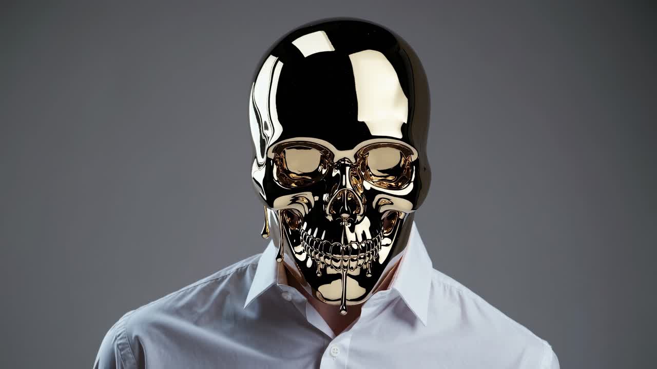 Man wearing a reflective skull mask in a white shirt, showcasing a striking visual transformation through a series of captivating frames