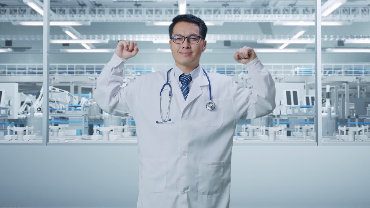 Doctor Celebrating Success in a Modern Factory