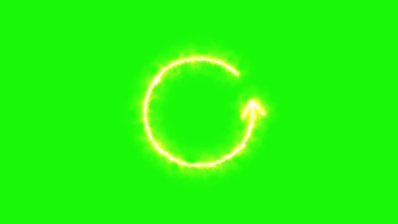 Glowing fire arrow rotates in a seamless loop over a bright green chroma key background
