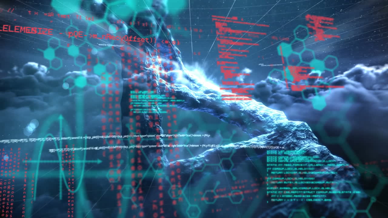 Animation of 3d dna strand spinning and scientific data processing over hexagons in background