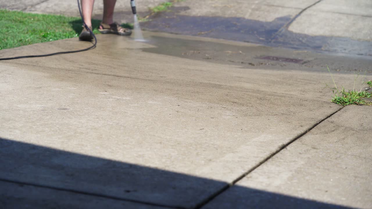 남자 압력 세척 더러운 콘크리트 드라이브