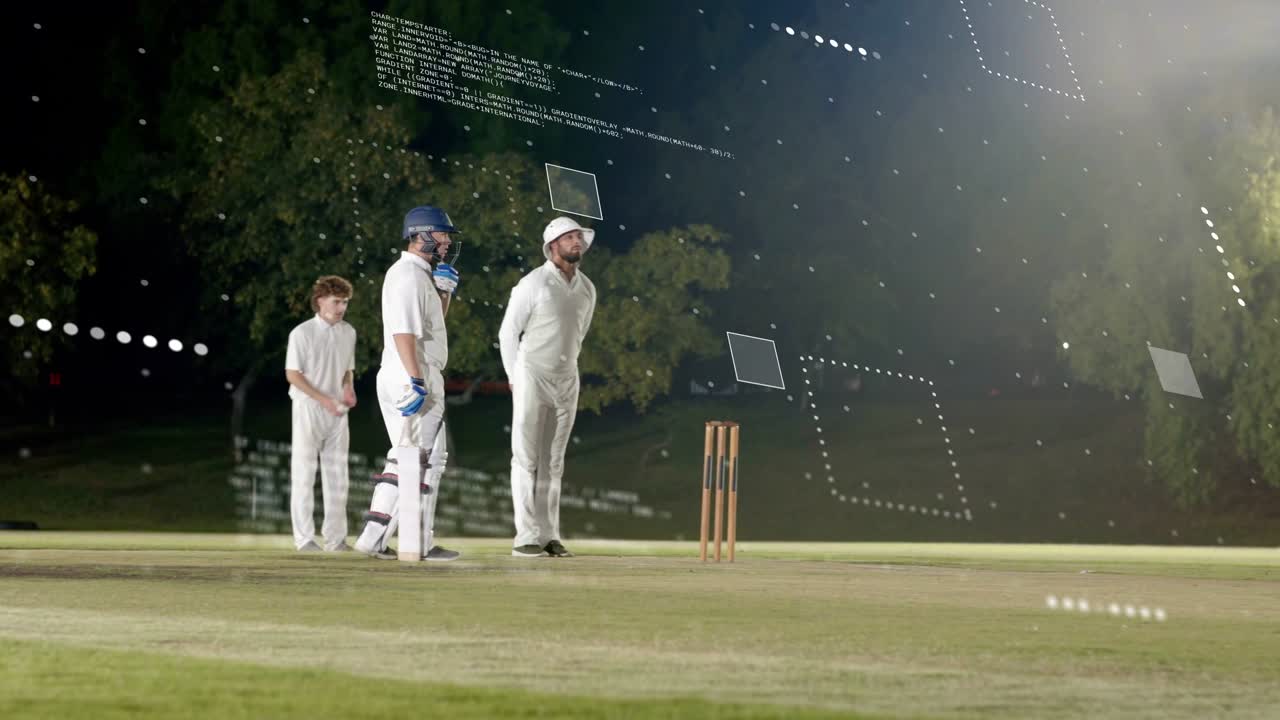 Video verticale: Giocatore di cricket (bowler) che corre e lancia verso il battitore, con HUD che etichetta i paletti, cercando un wicket.