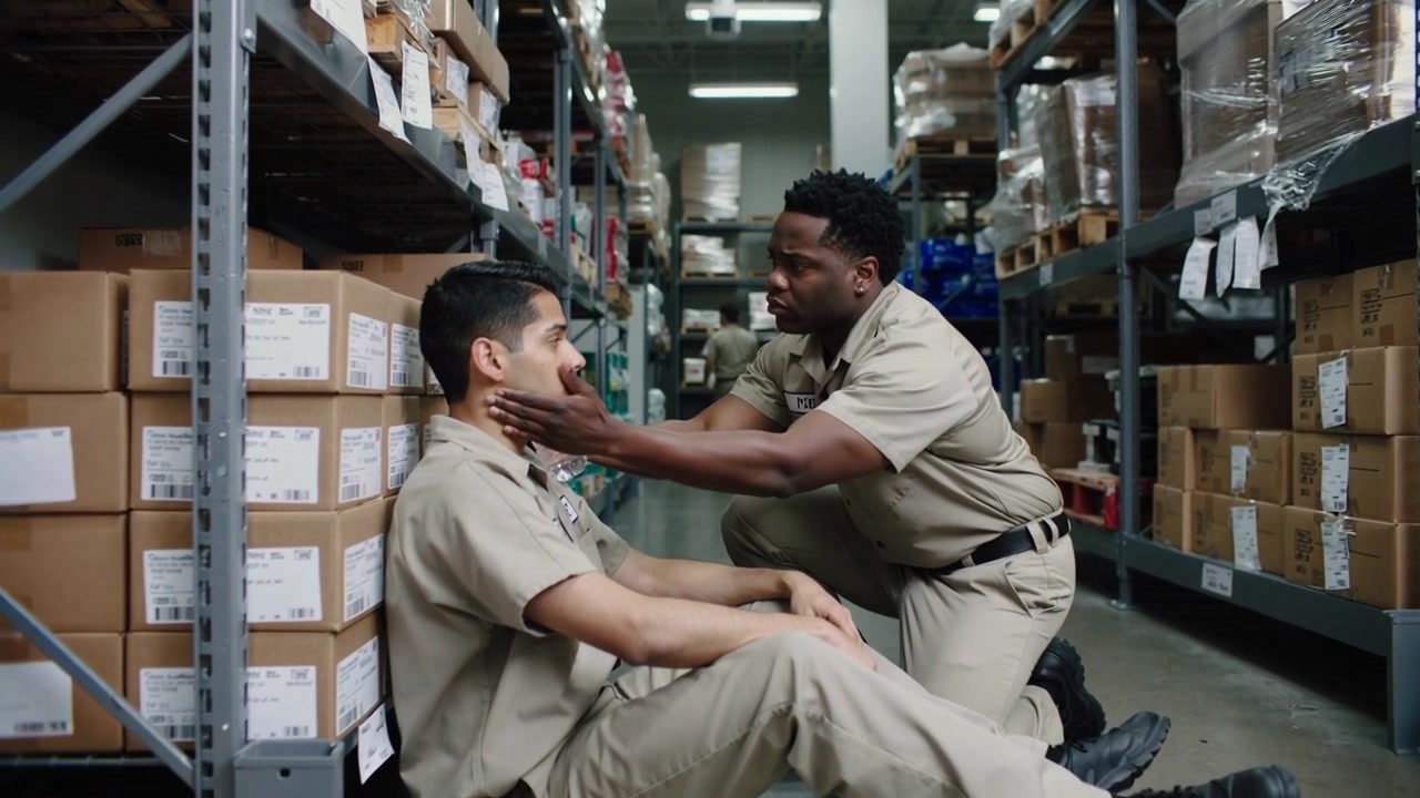 Finding dazed man, kneeling worker in beige uniform offering water bottle, assessing near shelves