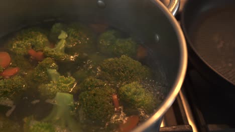mixed vegetables boiling in steel pot in home kitchen