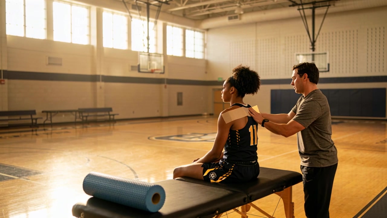 Peeling backing, trainer taping player in dark jersey on table in school gym for shoulder care