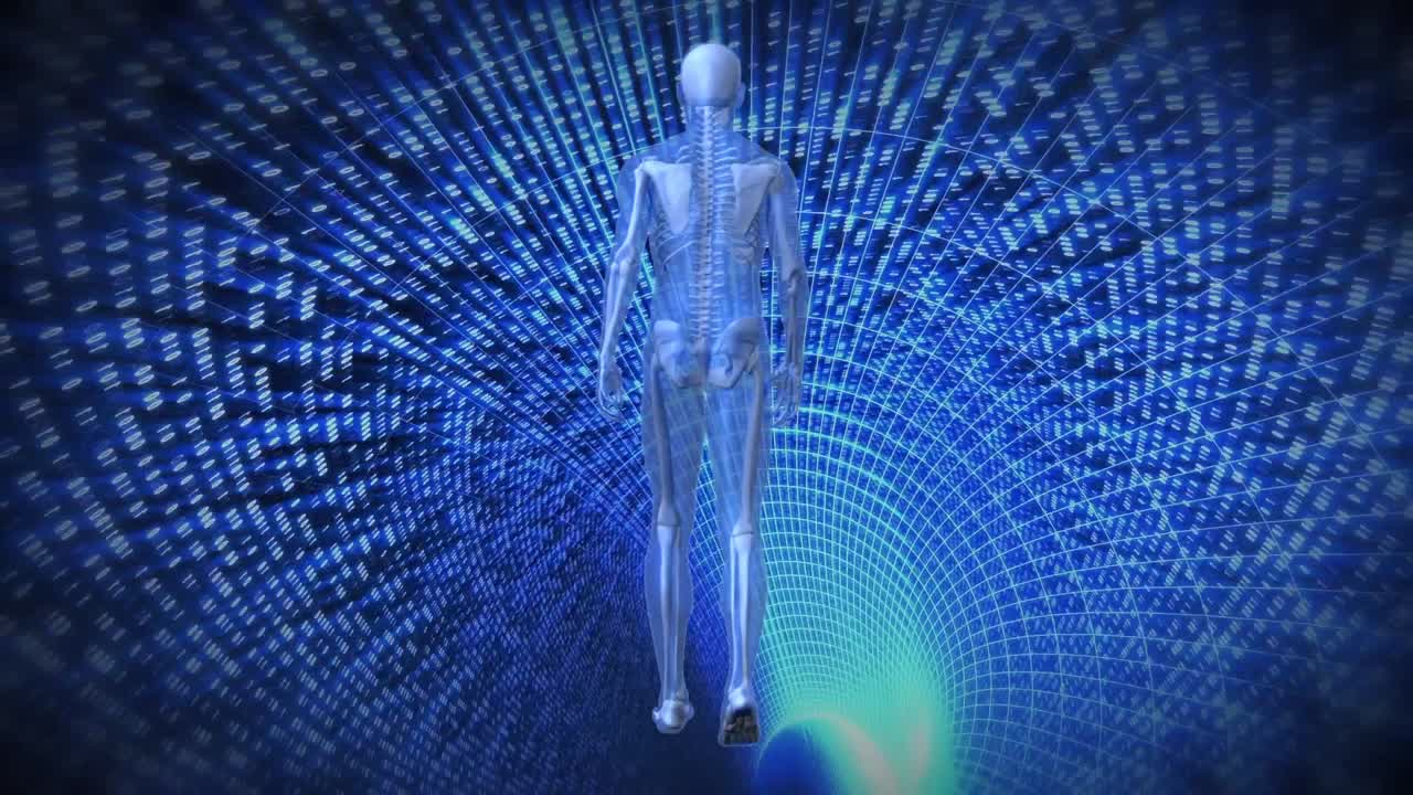 animación de un humano caminando por un túnel digital