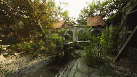 abandoned courtyard overgrown with plants and trees bathed in soft sunlight