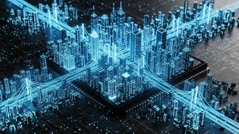 futuristic urban landscape: a digital cityscape with neon lights and advanced technology, showcasing the integration of architecture and futurism in a hyper-connected world