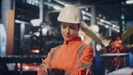production operator standing facility manufactory. portrait of woman engineer
