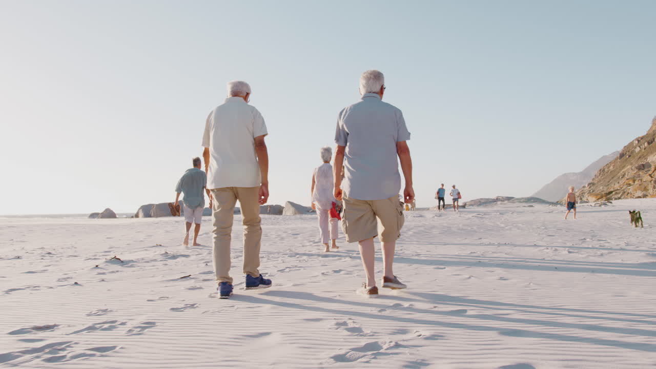 vista trasera de amigos mayores caminando a lo largo de la playa de arena en vacaciones de grupo de verano