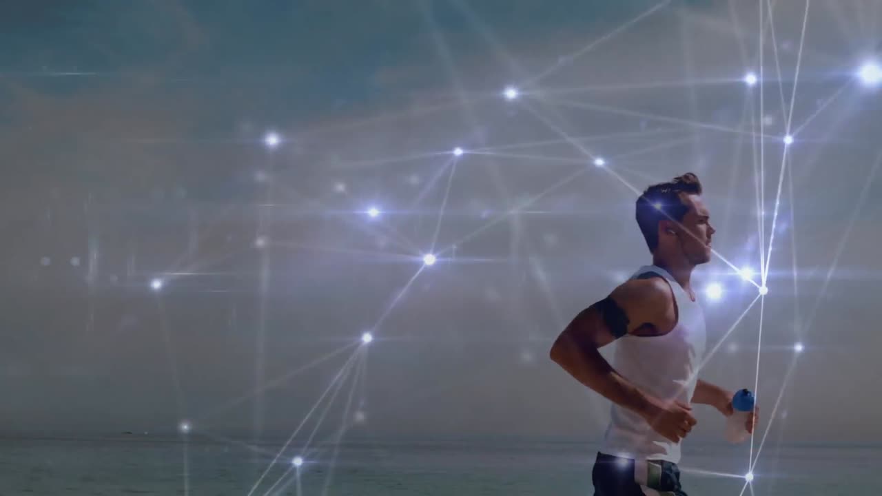 animación de la red de conexiones sobre el hombre caucásico en forma corriendo en el muelle