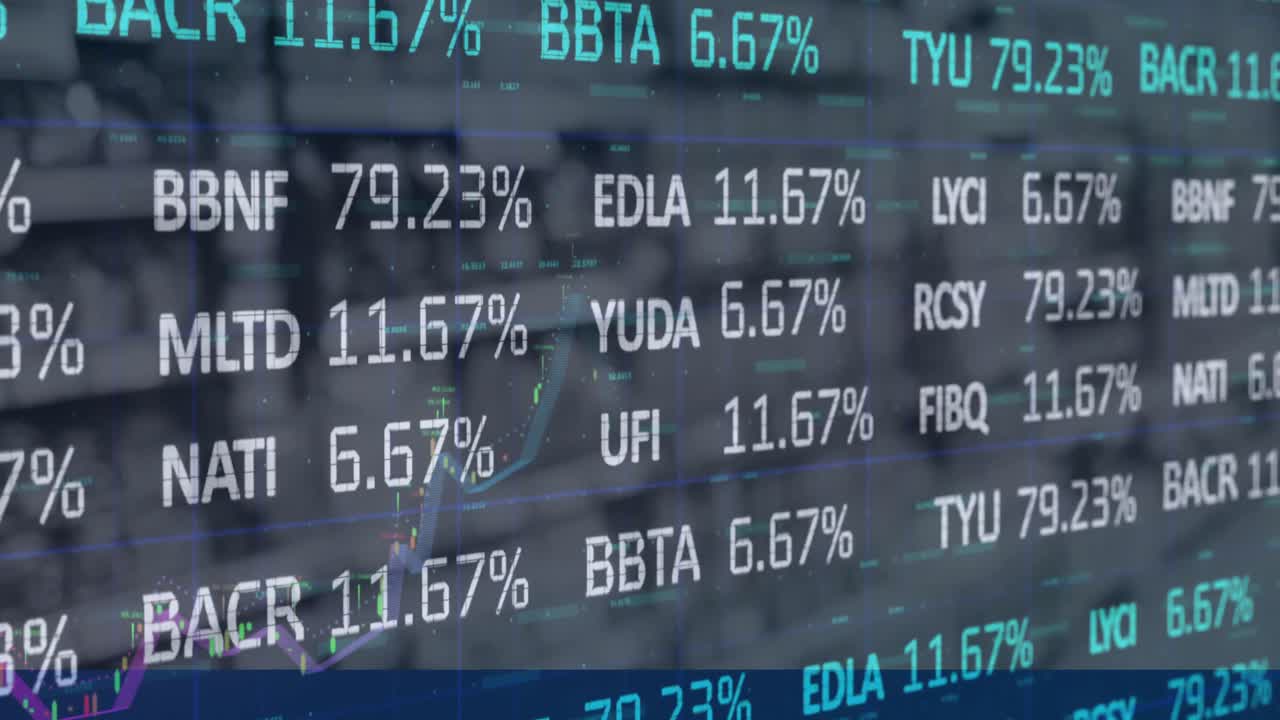 Animazione di elaborazione dati finanziari su scaffali in un negozio