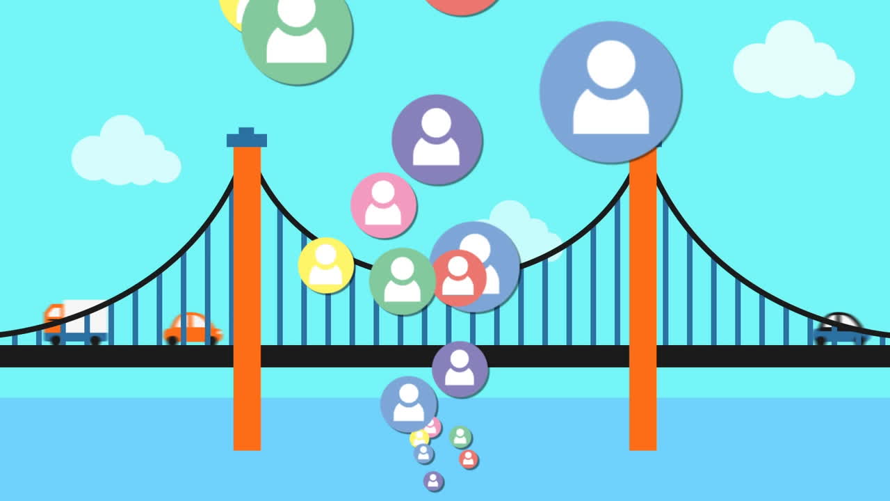 animación de iconos de personas coloridas que se elevan, sobre el puente de cruce de tráfico