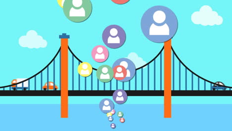 animation of rising colourful people icons, over traffic crossing bridge