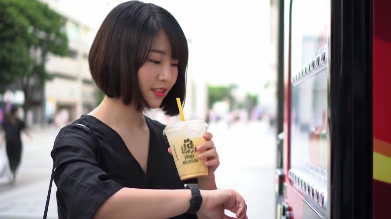 Young Woman Enjoys Refreshing Beverage from Vending Machine While Checking Time, Capturing a Moment of Bliss in Urban Setting