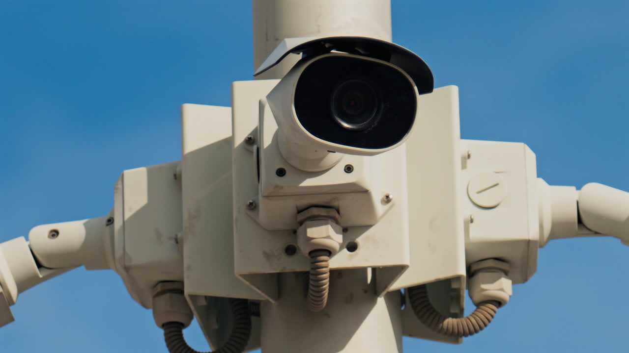 Close up of a white surveillance camera mounted on a white pole with the blue sky on the background