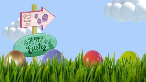 animation of happy easter and egg hunt on signs and easter eggs in grass over blue sky