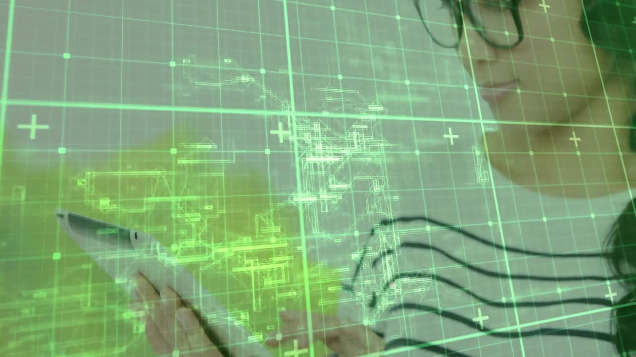 Designer woman tapping tablet screen and zooming animated architectural gridlines for layout review