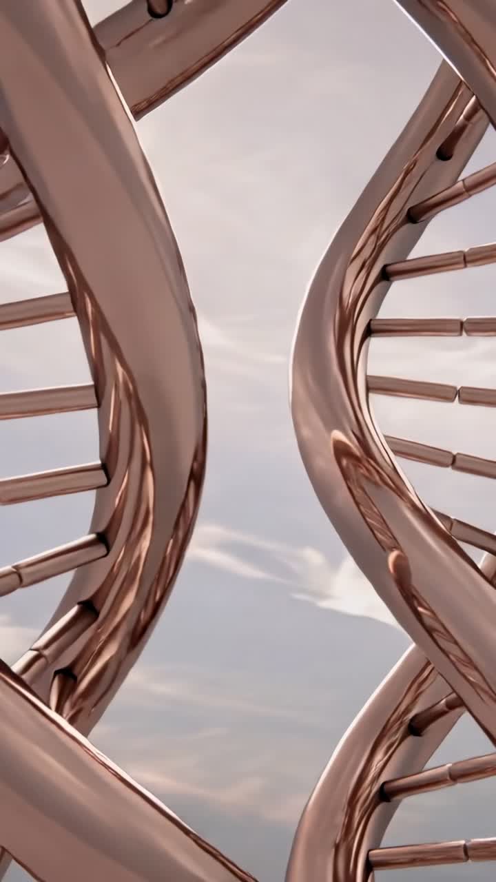 Vertical video: Camera starting rotating two rose-gold helices revealing shiny rungs in pale sky