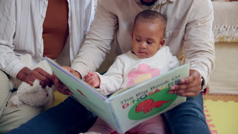 a family reading a dinosaur book together