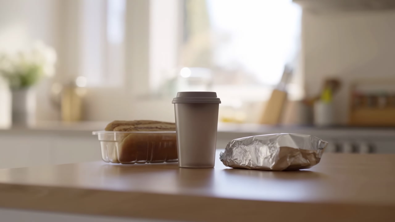 Coffee Cup Pastry On Wooden Counter, Takeaway Cup And Wrapped Sandwich Arranged On Island, Soft Morning Light