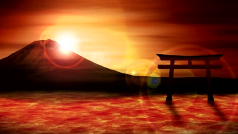 red torii gates in japan, mt fuji from lake, loop animation,