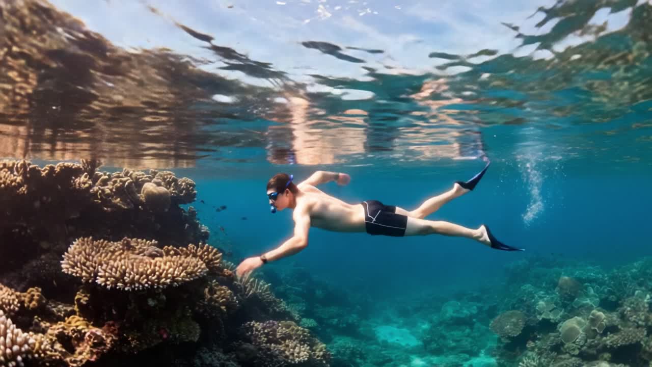 A Diver Explores Vibrant Coral Reefs Beneath Crystal Clear Waters, Engaging with the Rich Underwater Ecosystem in a Serene Ocean Environment