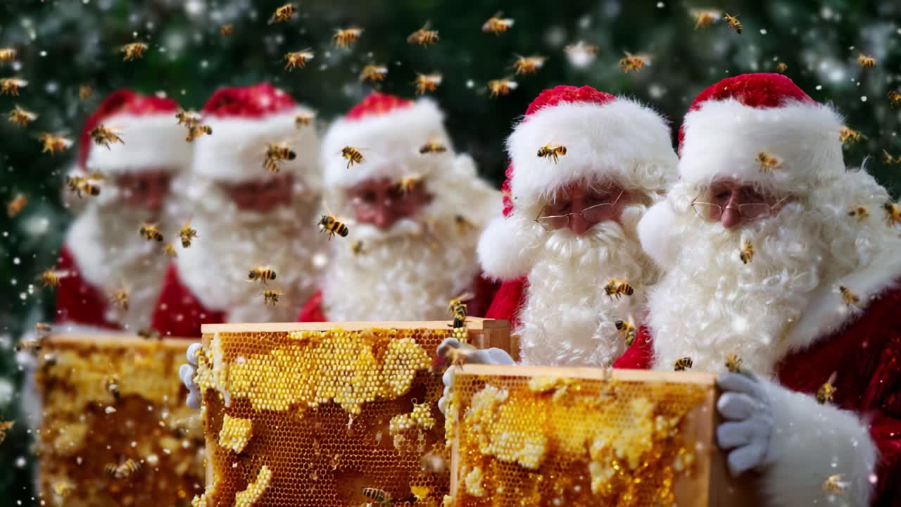 A Festive Gathering of Bearded Figures in Red Attire Curating Honeycombs Amidst a Whimsical Snowy Backdrop, Share a Moment of Joy and Wonder with Busy Bees in a Playful Holiday Scene