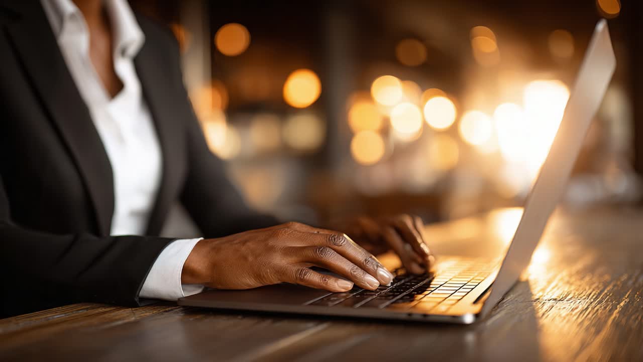 Focused professional typing on a laptop in a cozy, illuminated workspace, reflecting dedication and modern work dynamics in a warm ambiance