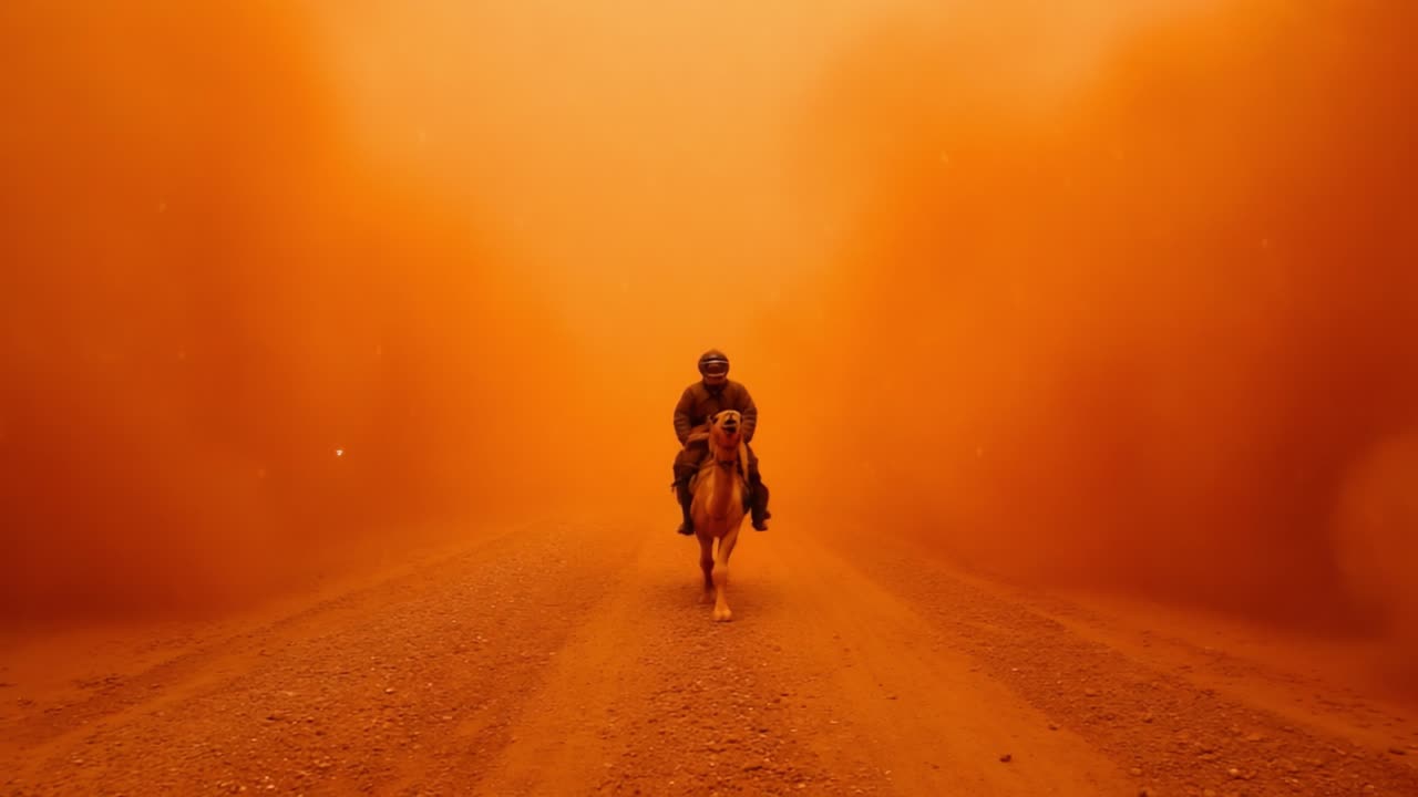 A lone rider traverses through a thick orange dust storm, showcasing the challenges faced in extreme weather conditions while embodying resilience and adventure