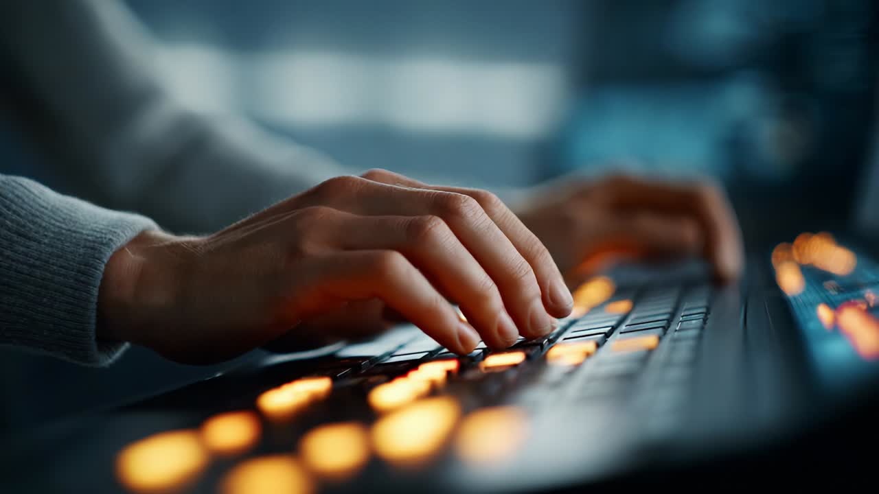 Close-Up of Hands on a Keyboard at Night: A Focus on the Delicate Movements and Lighted Keys, Capturing the Intensity of Focus and Creativity in the Digital Era of Innovation and Technology