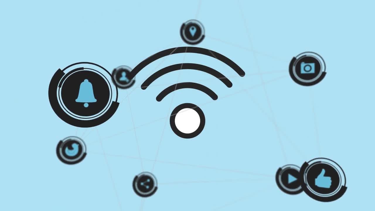 animación de iconos sobre una red de conexiones sobre un fondo azul.