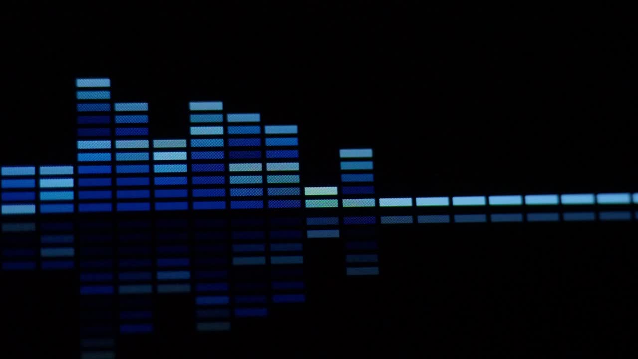 음악 동등화 바: 검은색 배경 루프 애니메이션에서 오디오 파동 형식 동등화. 음악 또는 음파 영상. 컬러 음악 동일화 아브스트랙트. 그라디언트 스트럼 바 그래프. 반이고 스.