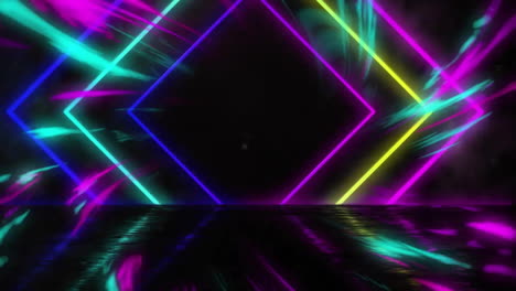 neon geometric shapes and reflections, vibrant animation over dark background