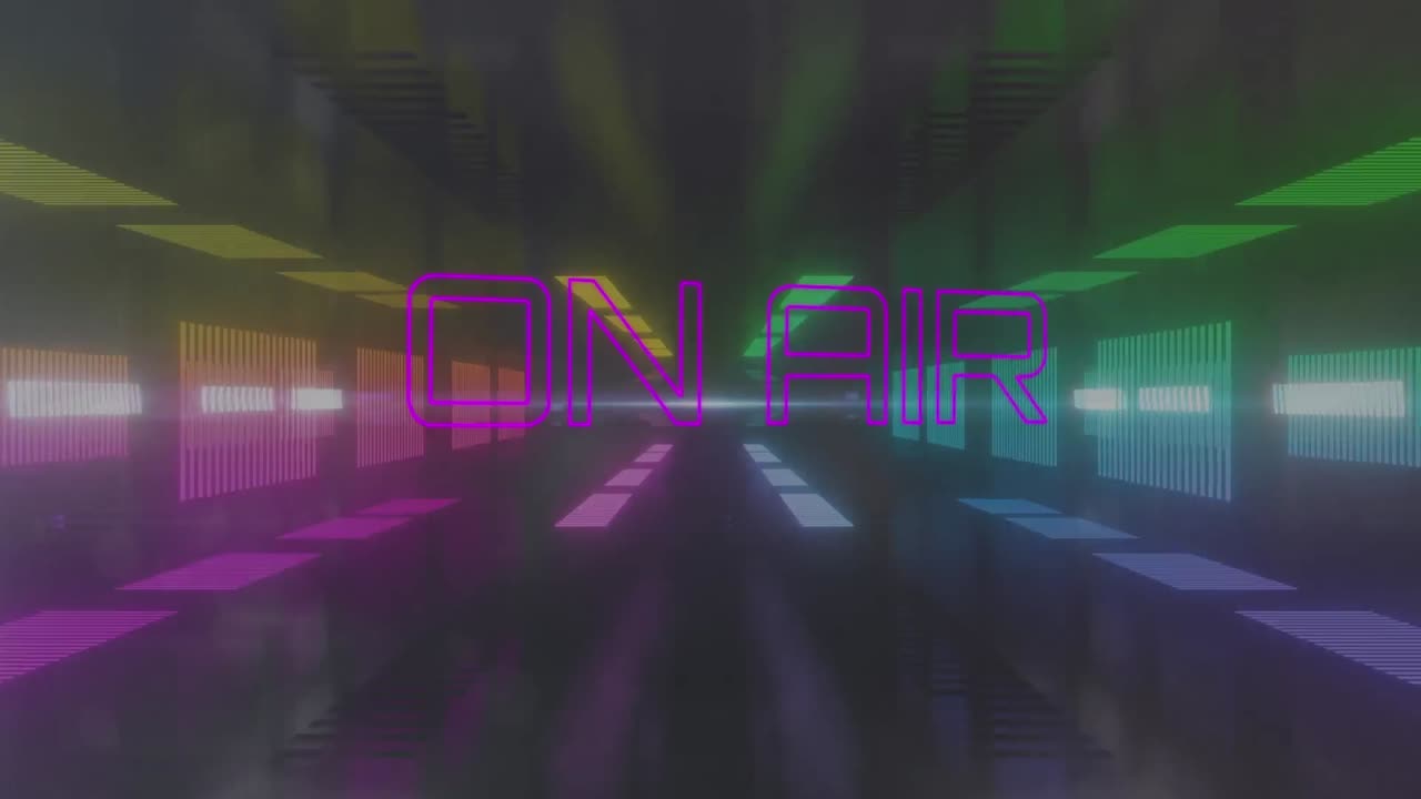 Animation of on air text over neon shapes on black background