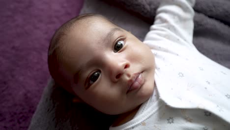 adorable 2 month old indian baby boy looking wide eyed at camera wriggling whilst laying on blanket on the floor as hands tickle his body